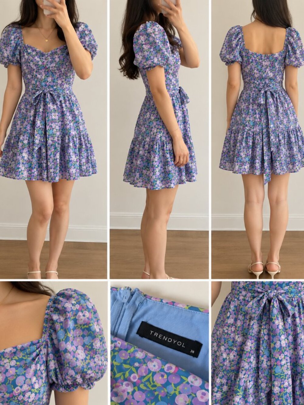 Trendyol Purple Floral Square Neck Puff Sleeve Mini Dress S